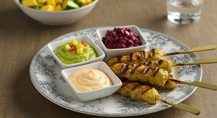 Grilled chicken skewers with dipping sauces