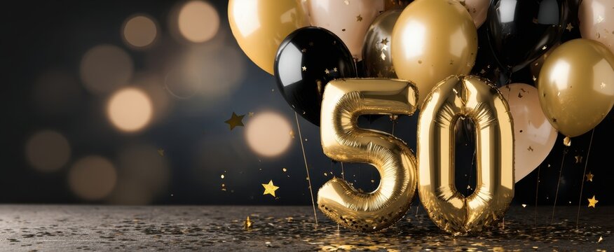 The elegant gold balloons celebrating a significant 50th birthday milestone. - Powered by Adobe