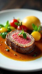 Gourmet Medallions Elegant Restaurant Lunch Presentation of Perfectly Seared Meat, Vibrant Vegetables, and Artful Plating on a White Plate.