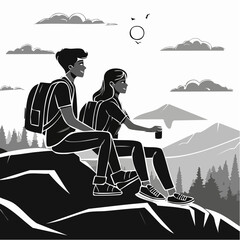 Silhouette of a Group of Teenagers Sitting on Mountain Rocks Enjoying the Scenic View Vector