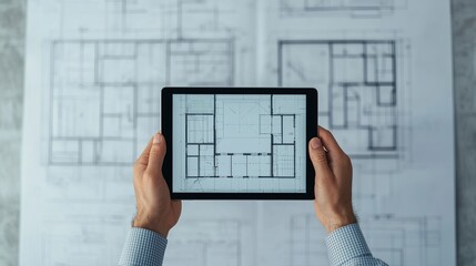 Hands holding a tablet showing a 3D architectural model, design process
