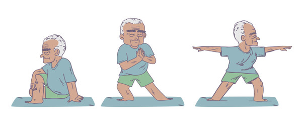 Elder senior man doing yoga and stretching, vector illustration.