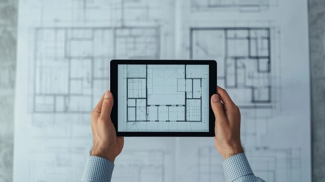 Hands holding a tablet showing a 3D architectural model, design process