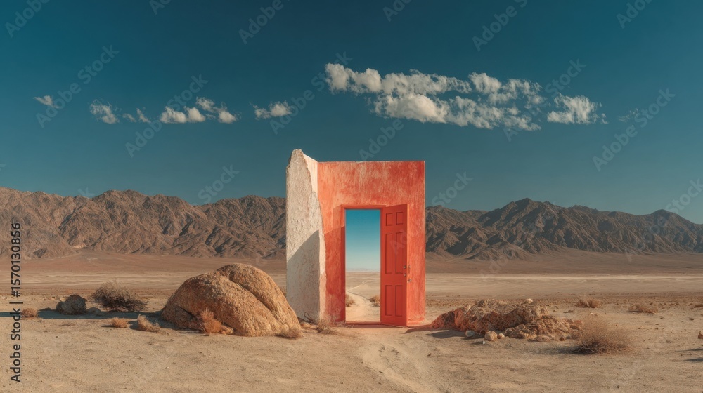 Poster a red door is in the middle of a desert. the door is open and the desert is empty