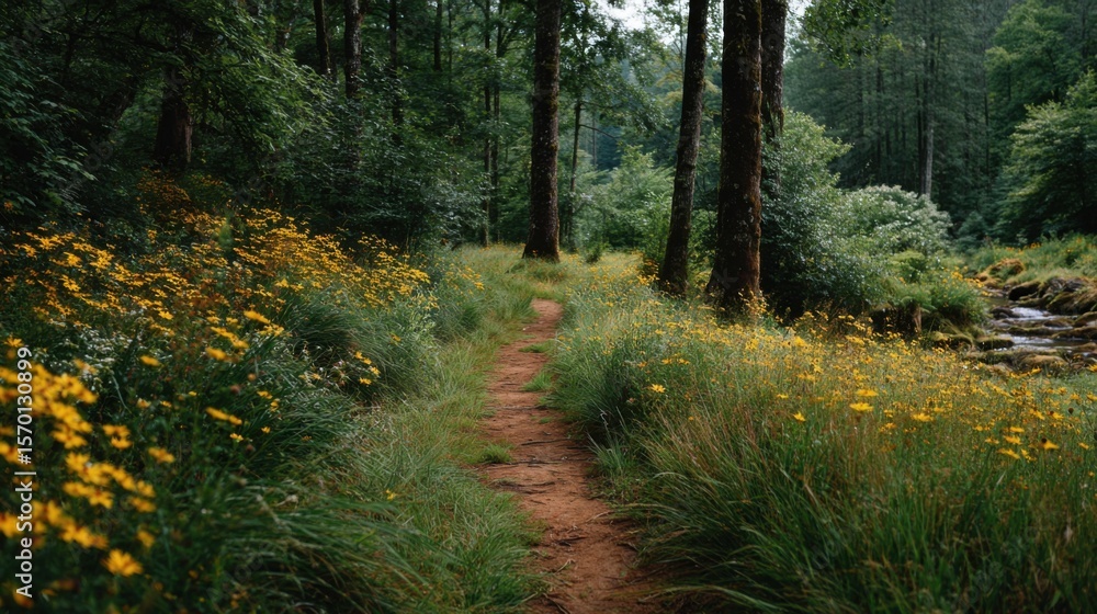 Poster a path through a forest with yellow flowers and trees. the path is surrounded by a field of yellow f