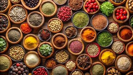 Assortment of colorful spices and herbs in wooden bowls offers a vibrant culinary experience