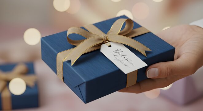 Detail of a hand holding a gift with a personalized tag, warm and thoughtful presentation, concept of celebration, care, and special moments, soft lighting, minimal and elegant wrapping.