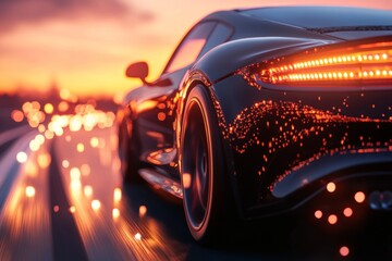 Luxury Black Sports Car Driving at Sunset, Tail Lights Glowing, Motion Blur, Automotive, Speed