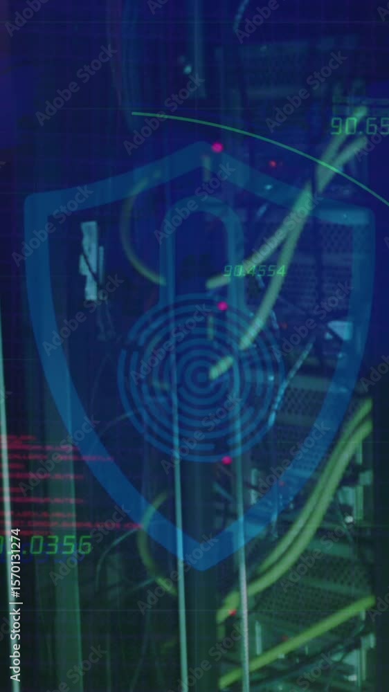 Poster numbers floating over security padlock and shield icon against close up of a computer server