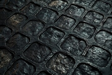 Textured Dark Stone Pavement Detail, Close-Up View, Grid Pattern, Weathered, Grunge, Abstract Background