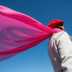Female in red beret and pink scarf against clear blue sky