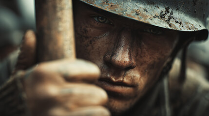 Grim Determination Close-Up of Soldier with Battering Ram, Ready to Breach