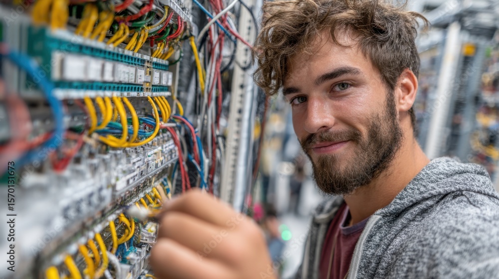 Poster a man is smiling while working on a circuit board. concept of accomplishment and satisfaction, as th