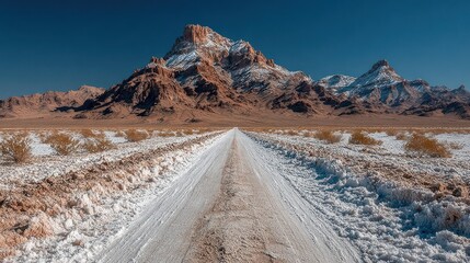 Desert road leading to snow-capped mountain