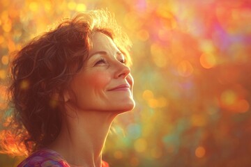 Smiling Woman in Sunlight, Looking Up with Joy, Warm Colors and Bokeh Background