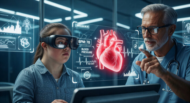 Young woman with Down syndrome learning about human heart while looking at holographic projection with augmented reality smart glasses in futuristic medical setting