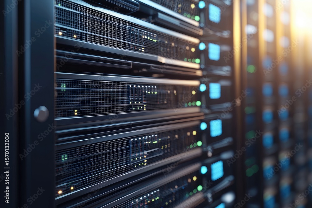 Poster 3D rendering of illuminated server racks in a data center environment, ideal for showcasing IT infrastructure, cloud storage, or advanced digital technology concepts