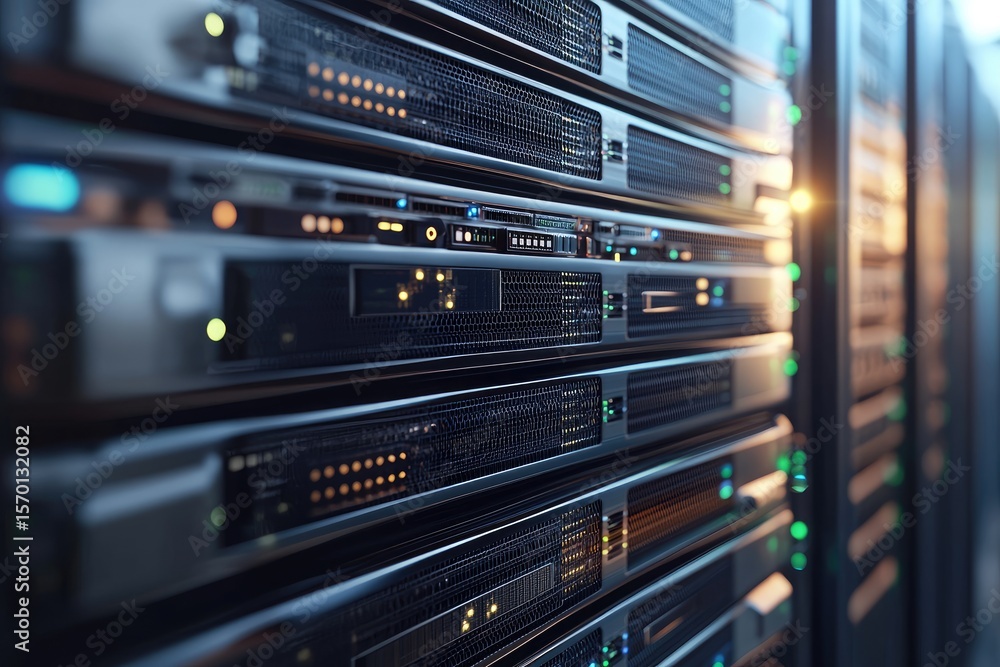 Poster Close-up 3D rendering of server rack units with blinking indicator lights in a high-tech data center, perfect for illustrating cloud services, IT infrastructure, or cybersecurity concepts