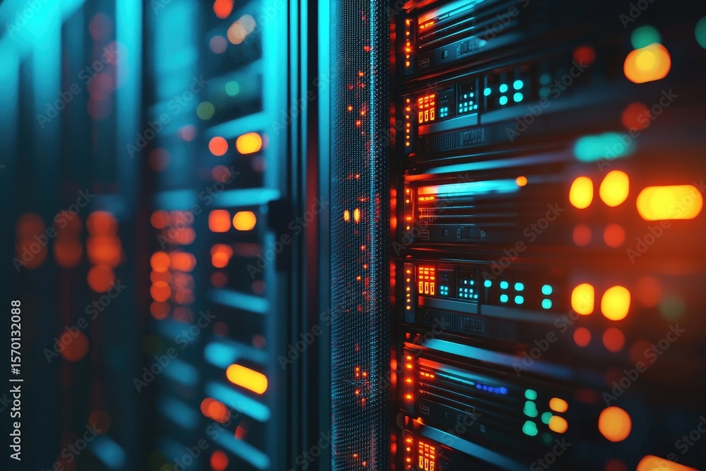 Aufkleber 3D render of futuristic server racks with vibrant red and blue lights in a modern data center, perfect for cloud computing, cybersecurity, and digital network infrastructure themes