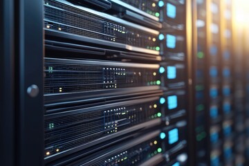 Naklejka premium 3D rendering of illuminated server racks in a data center environment, ideal for showcasing IT infrastructure, cloud storage, or advanced digital technology concepts