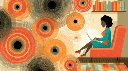 Stylish Woman Working on Laptop in Cozy Living Room Surrounded by Colorful Abstract Wall Art and Books