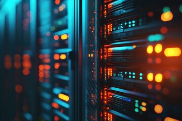 3D render of futuristic server racks with vibrant red and blue lights in a modern data center, perfect for cloud computing, cybersecurity, and digital network infrastructure themes