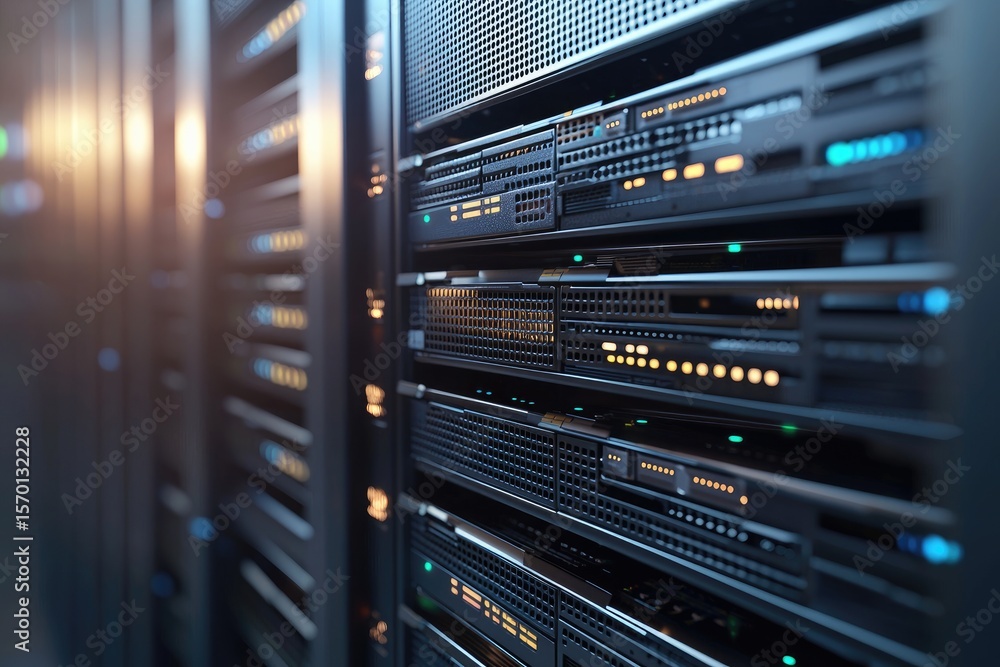 Poster High-resolution 3D rendering of modern server rack with glowing lights in a secure data center, suitable for cloud computing, network systems, and IT infrastructure visuals