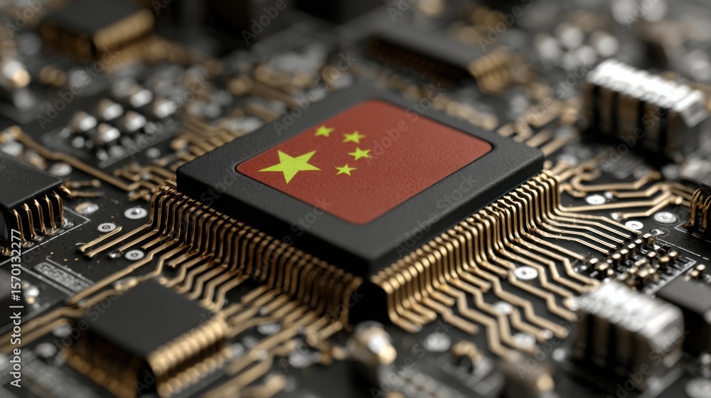 Aufkleber a computer chip with a red and white chinese flag on it. the flag is surrounded by a black border
