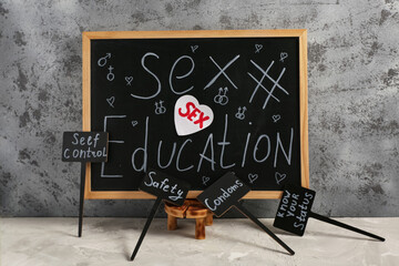 Chalkboard with written text SEX EDUCATION and cards with words on grey grunge background