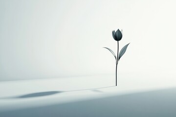 Minimalist Studio Image of a Single, Metallic, Stylized Tulip Flower and Its Shadow