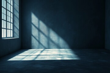 Empty Room with Sunlight Streaming Through Window, Casting Shadows on Dark Concrete Walls and Floor