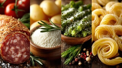 A collage of different types of food, including pasta, potatoes, and vegetables. Scene is casual and inviting, with the various food items arranged in a way that makes them look delicious