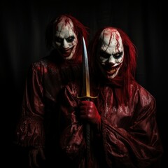 two scary zombie men with red blood on their faces holding a sword. Halloween theme. Evil Clown. Creepy Evil Clown. Horror movie Concept. Halloween Concept with Copy Space.