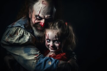 Halloween theme: a scary clown with a baby girl in her arms. Halloween theme. Evil Clown. Creepy Evil Clown. Horror movie Concept. Halloween Concept with Copy Space.