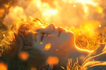 Peaceful Young Person Relaxing in Sunlight, Lying in Grass, Eyes Closed, Dreamlike, Golden Light.