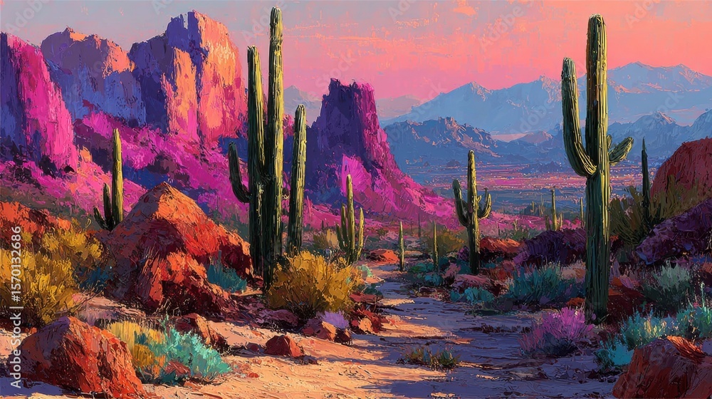 Poster a painting of a desert with a pink and purple sunset in the background. the painting features a path