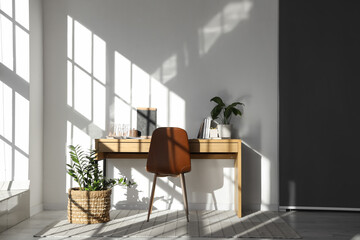 Modern workplace with books, houseplants and chair in light office