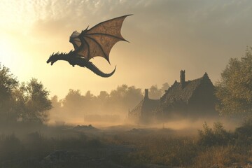 Fantasy Dragon Flying Over Misty Village at Sunrise, Featuring Medieval Architecture and Mythical Creature