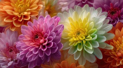A bouquet of colorful flowers with a mix of pink, yellow, and white. The flowers are arranged in a way that creates a sense of harmony and balance. The colors of the flowers are vibrant