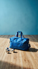 A navy-blue gym bag is positioned on the wooden floor of the gym, with two metallic dumbbells nearby. The vivid blue backdrop serves as a visual representation of the gym's setting.
