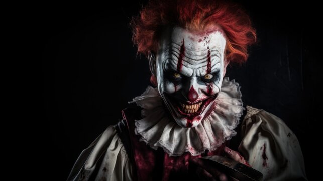 Portrait of a scary clown on black background. Halloween concept. Halloween theme. Evil Clown. Creepy Evil Clown. Horror movie Concept. Halloween Concept with Copy Space.
