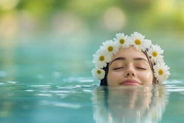 Woman Relaxing in Water with Daisy Flower Crown, Spa, Wellness, and Beauty Concept.