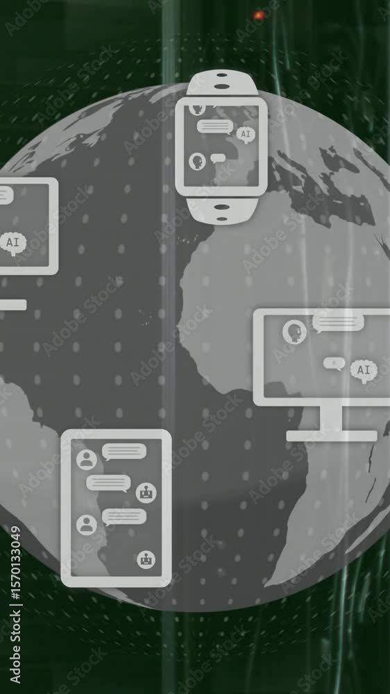 Poster animation of ai data processing over globe and computer servers background