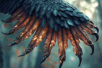 Detailed Close-Up of Wing Feathers, Dark Blue and Brown, Artistic Texture, Natural Background