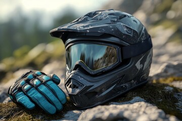 Black Motorcycle Helmet and Gloves Resting on Rock, Reflective Visor, Outdoor Adventure Concept
