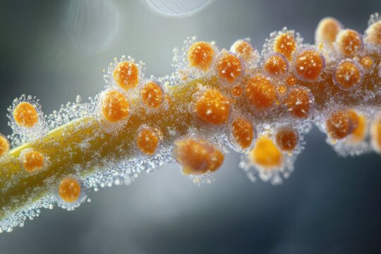 Microscopic view of orange, spherical organisms clustered on a yellow stem, possibly a fungus or algae.