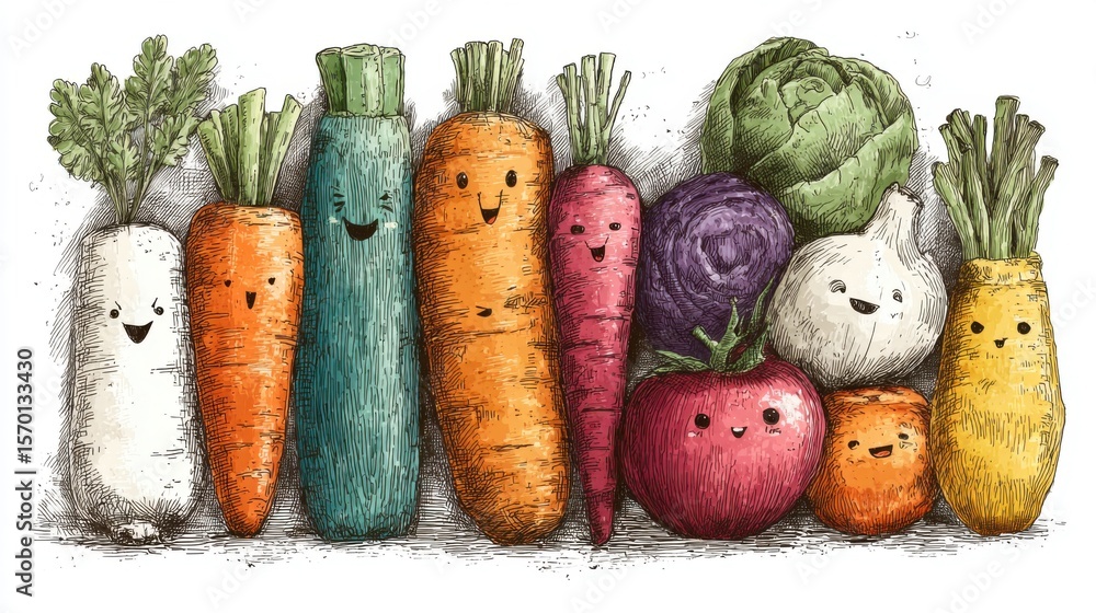 Poster a drawing of a bunch of vegetables with a smiling carrot in the middle. the vegetables are all smili