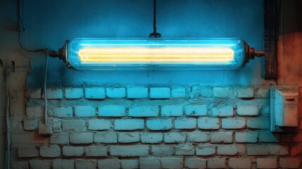 A neon light is hanging from a wall. The light is blue and yellow. The light is glowing and it is illuminating the wall