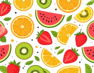 Fresh summer fruit illustration pattern with top view slices of colorful juicy fruits, ideal for wrapping paper, packaging, backgrounds and textile design