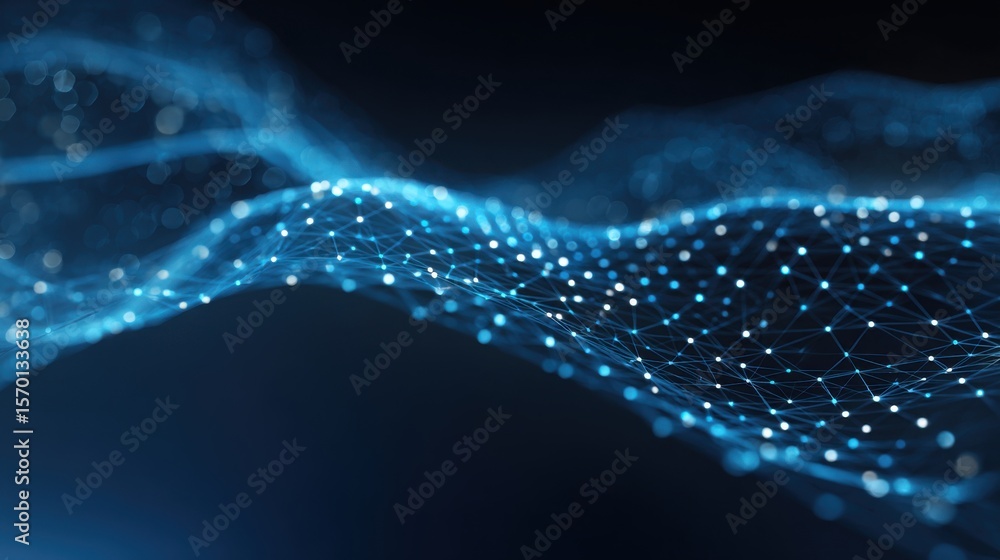 Poster a blue wave with many dots on it. the dots are connected to each other in a pattern